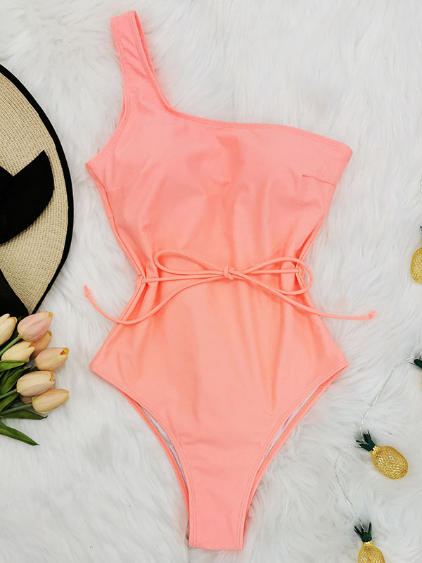 One-Shoulder Belted Chinlon One-Piece Swimwear