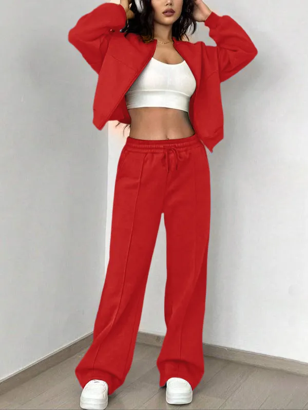 Two-piece Set Women's Solid Zip Up Drop Shoulder Jacket & Pocket Elastic Waist Pants