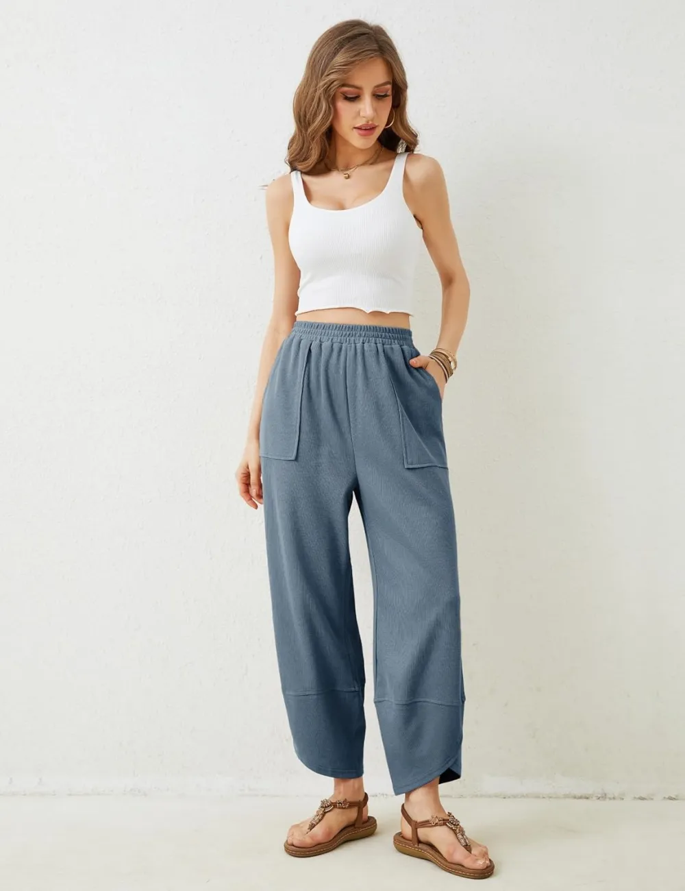 Women's Wide Leg Harem Pants Casual Palazzo Pants with Pockets High Waist Relaxed Fit