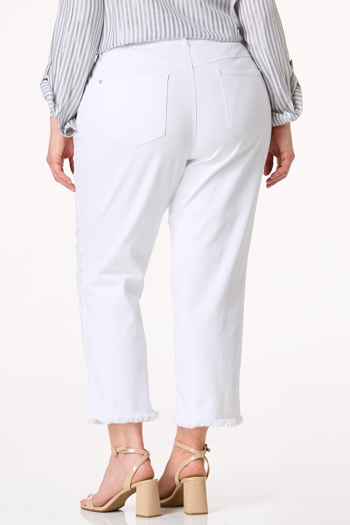 Plus Size Cropped Frayed White Jeans