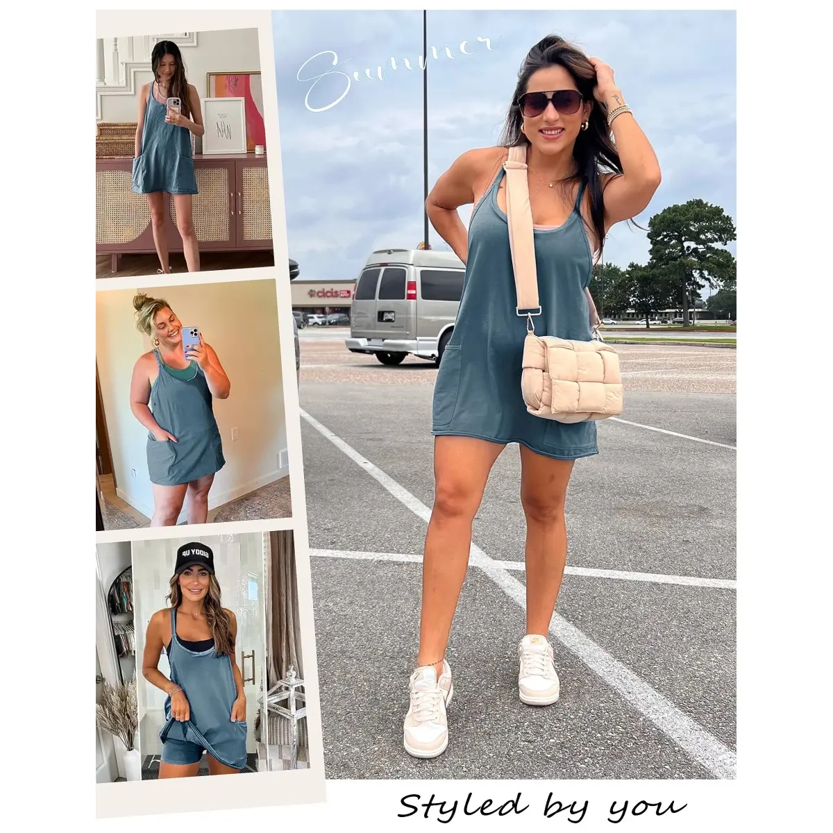 Women's Summer Sleeveless Mini Dress V Neck Spaghetti Straps Athletic Built-in Shorts Sundress