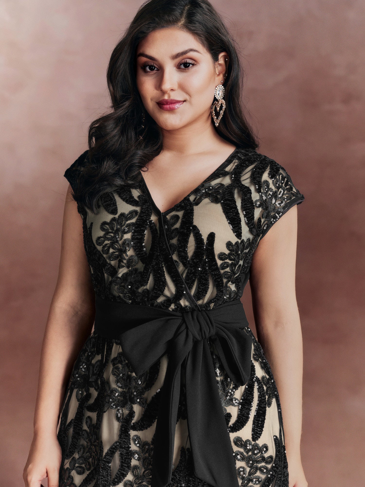 Sequin Mesh Belted Waist Mini Dress