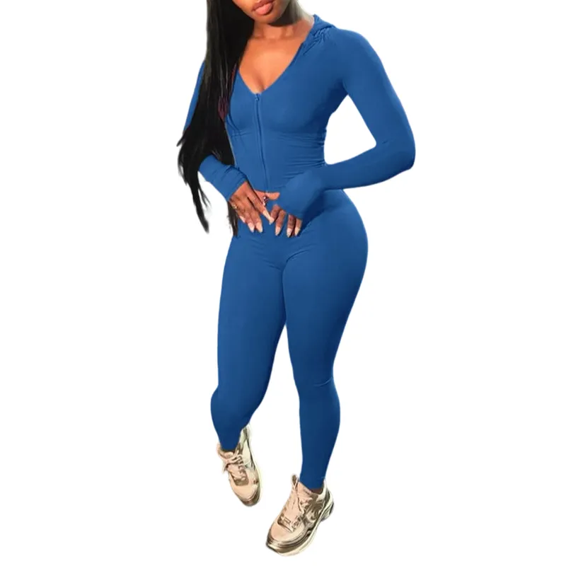 Women's Solid Color Zip Up Crop Top & High Waist Leggings Two-piece Set
