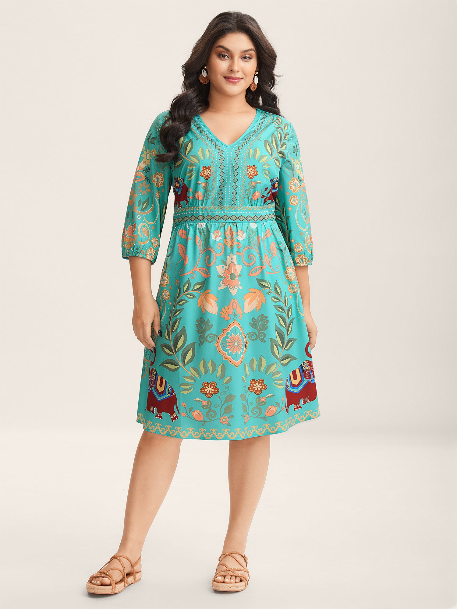 Boho Print V-Neck Pockets Mini Dress