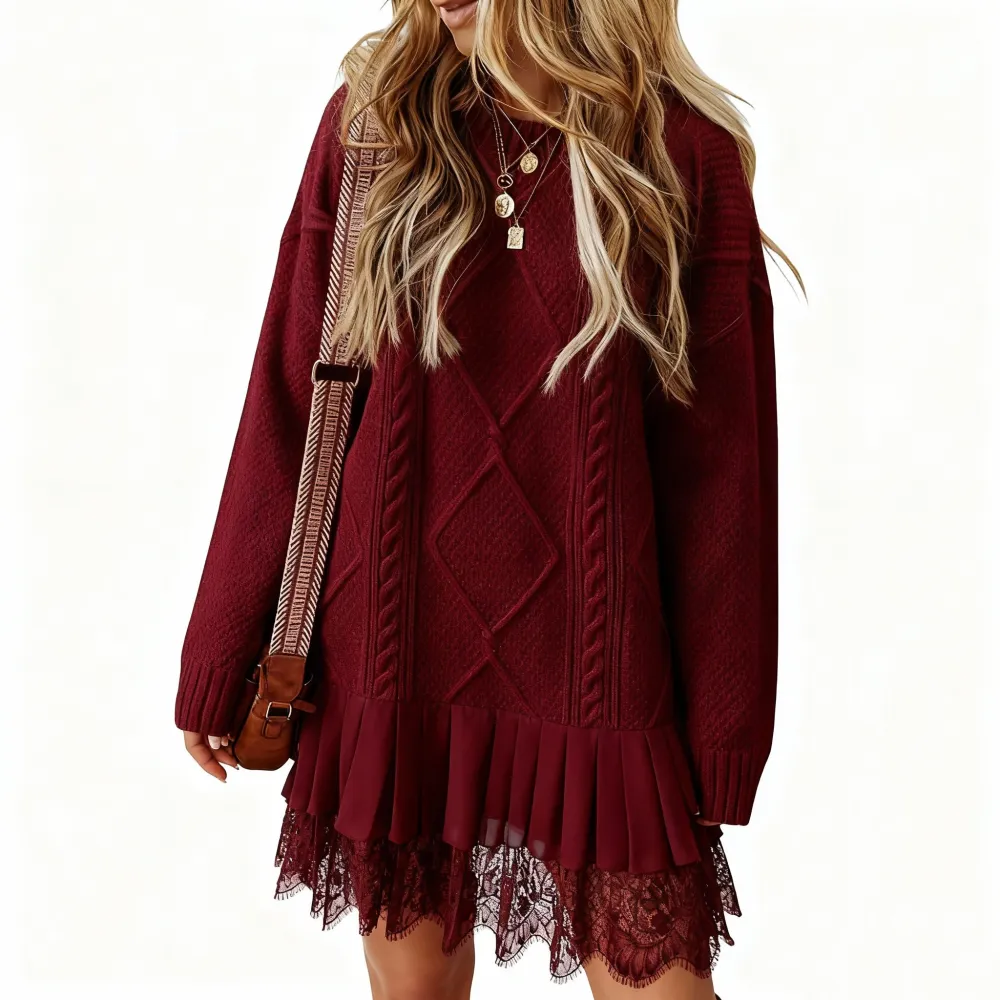 2025 Women's Cable Knit Lace Mini Sweater Dress 2PC