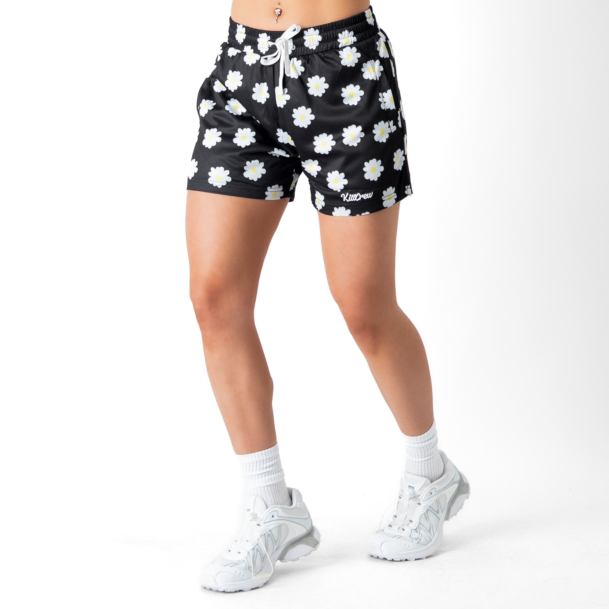 MUAY THAI SHORTS (MID THIGH CUT) DAISY - BLACK