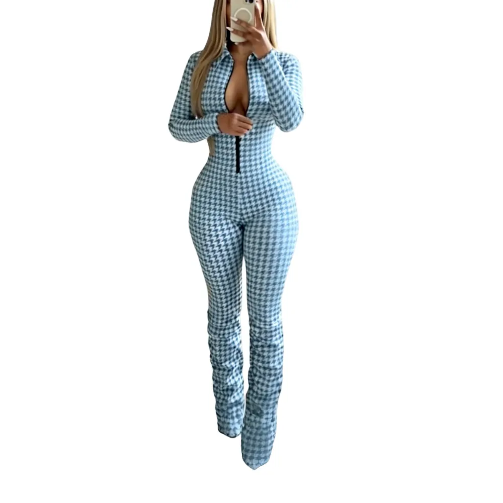 Women's timeless houndstooth jumpsuit with zipper closure