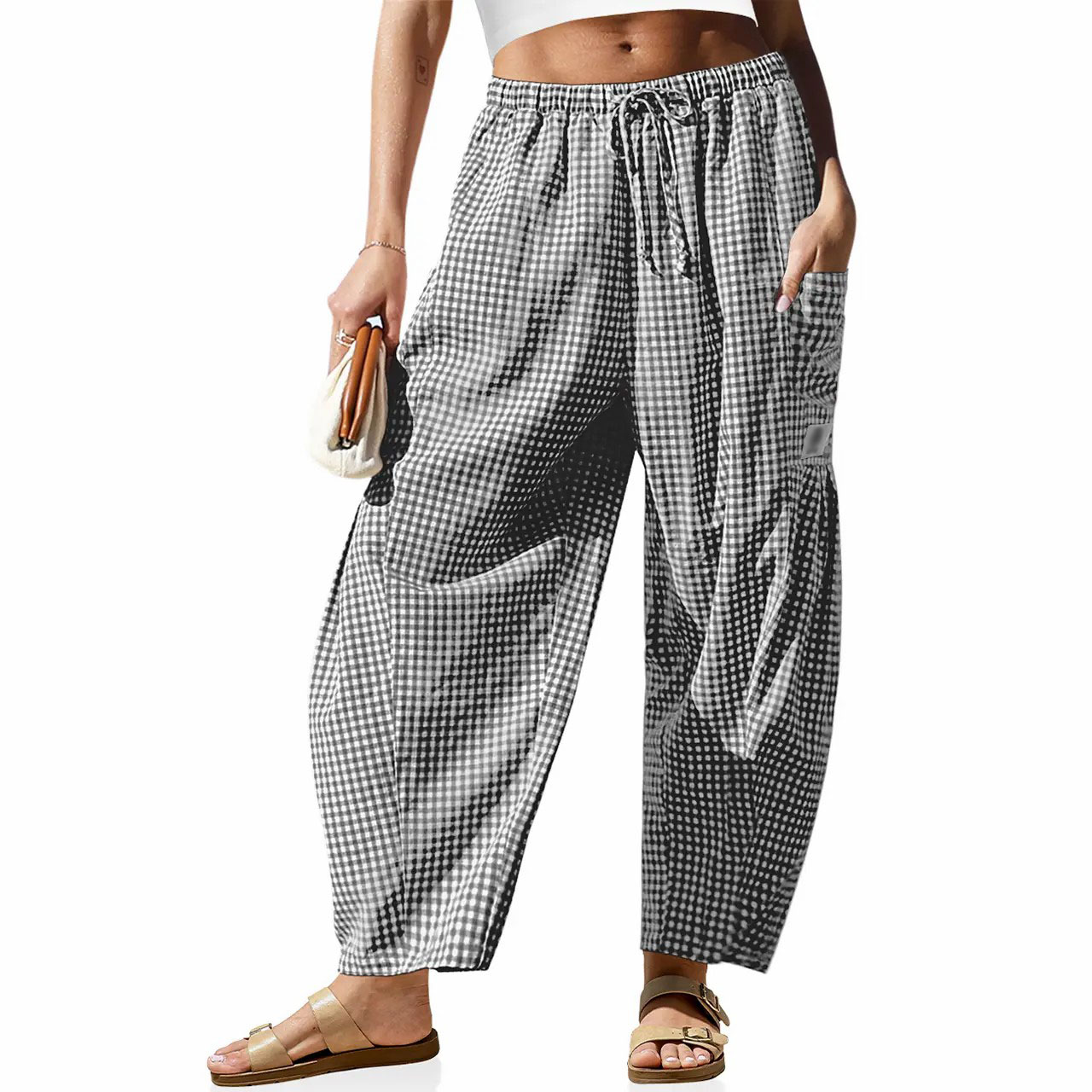 Women's Gingham Striped Wide Leg Pants – Low Waist Drawstring Palazzo with Pockets
