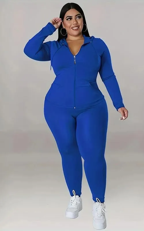 Plus Size Solid Zip Up Hooded Top & Skinny Pants Set