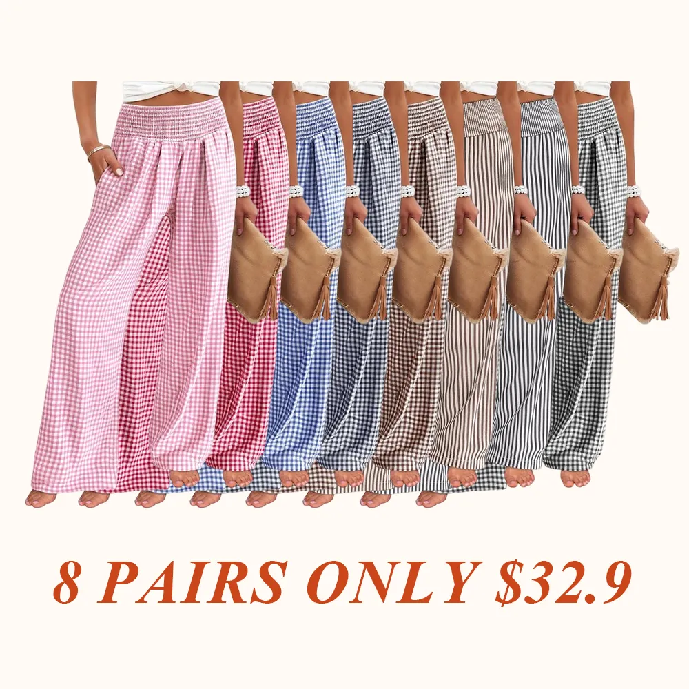 Womens Striped Gingham Palazzo Pants Wide Leg High Waisted Lounge Pajama Pants