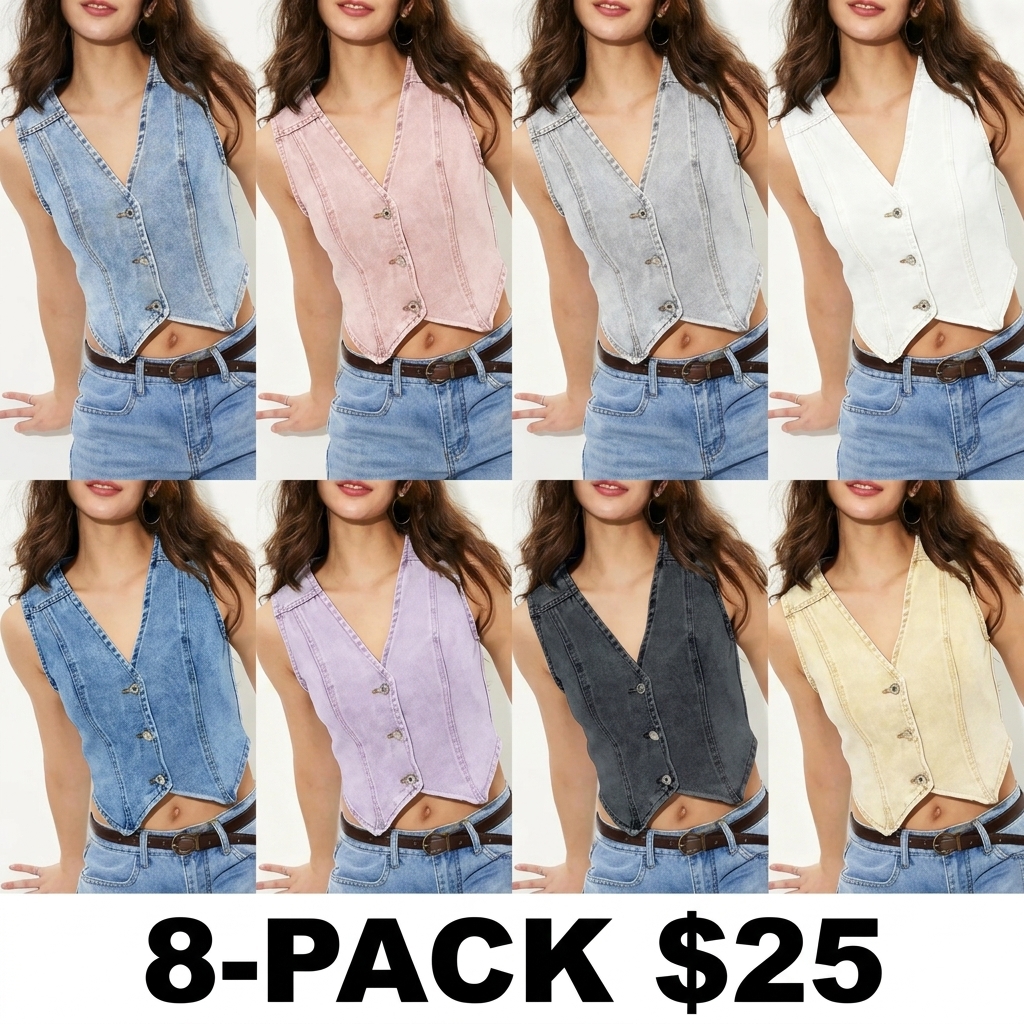 Women's Light Wash Denim Vest – Button Fly V Neck Sleeveless Tank Top