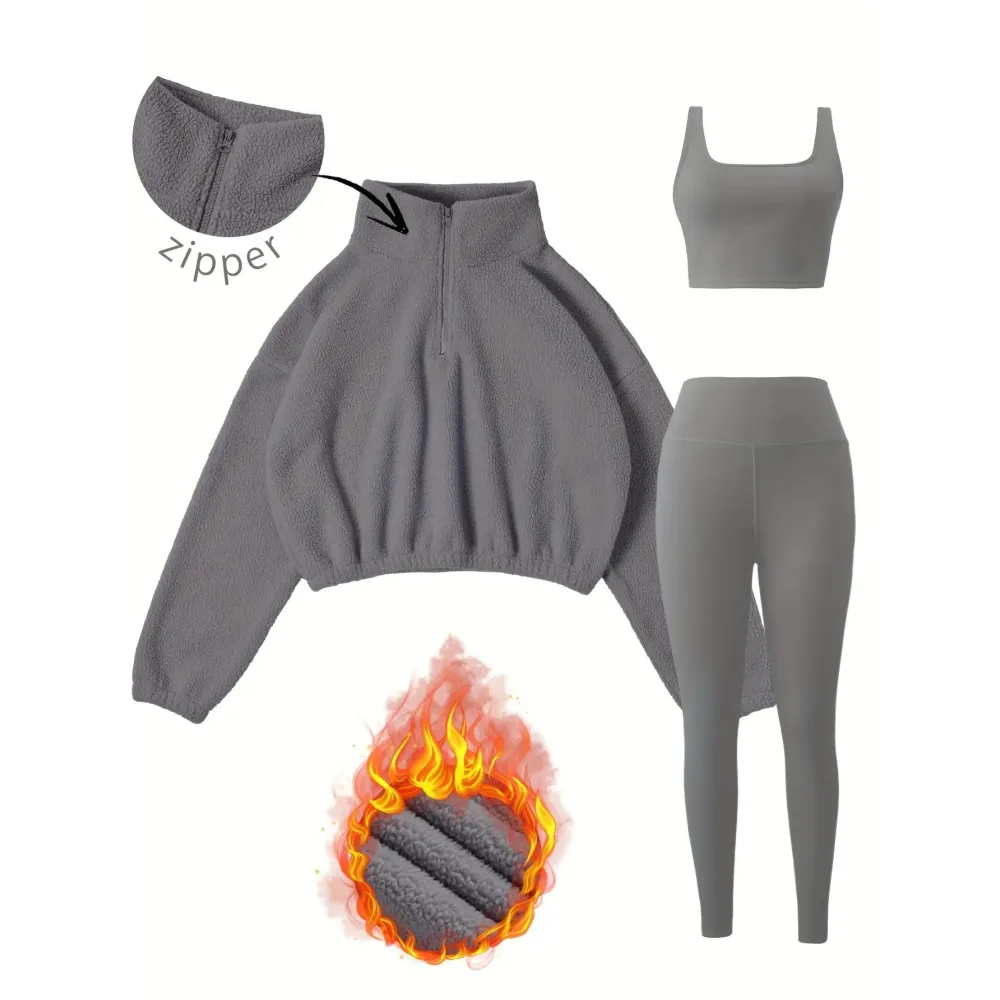 Women's 3-Piece Workout Set (Half-Zip Top, Bra, Yoga Pants)