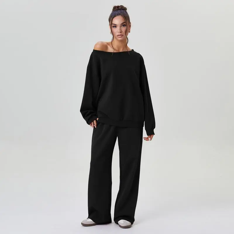 Women's Leisure Solid Color Sloping Shoulder Long Sleeve Top & Wide Leg Trousers Co-ord
