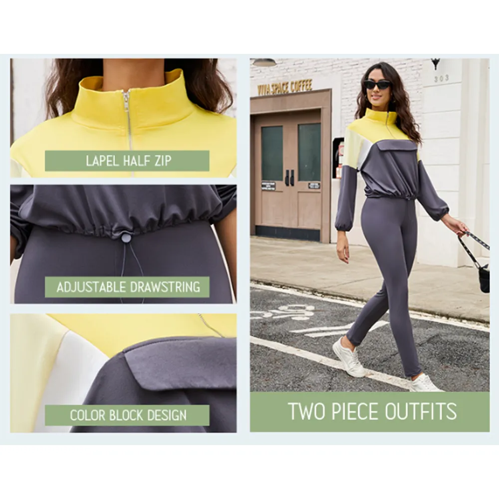 Women's Colorblock 2-Piece Knit Zip Jacket Elastic Waist Tracksuit