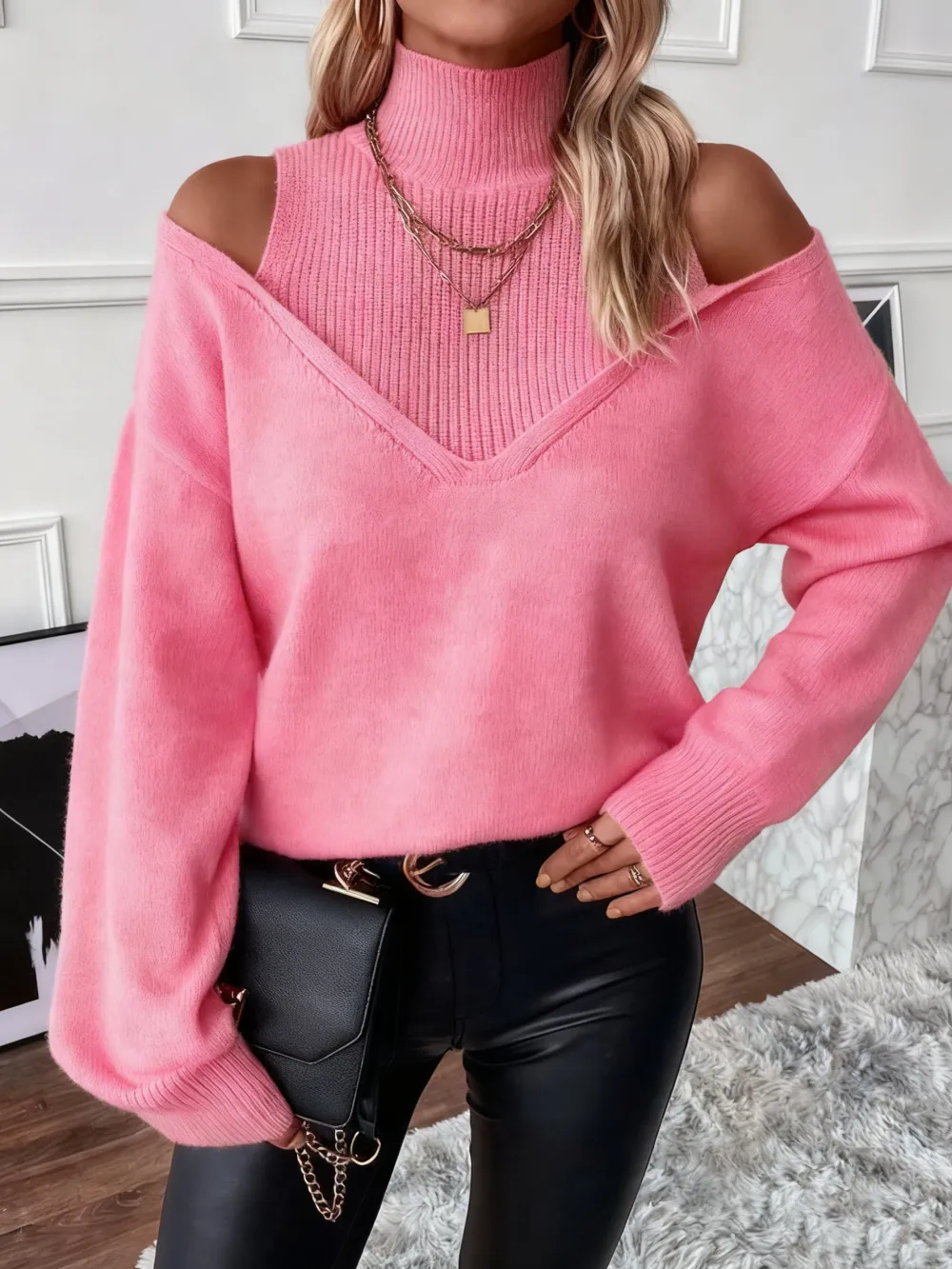 Women's Plain Cut Out High Neck Sweater