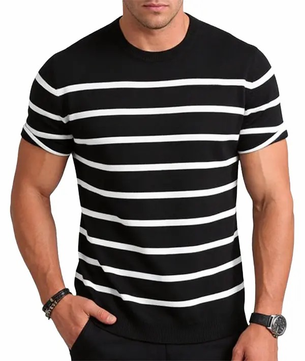 Unisex Retro Striped Knitted T-Shirt – Vintage Crew Neck Summer Basic