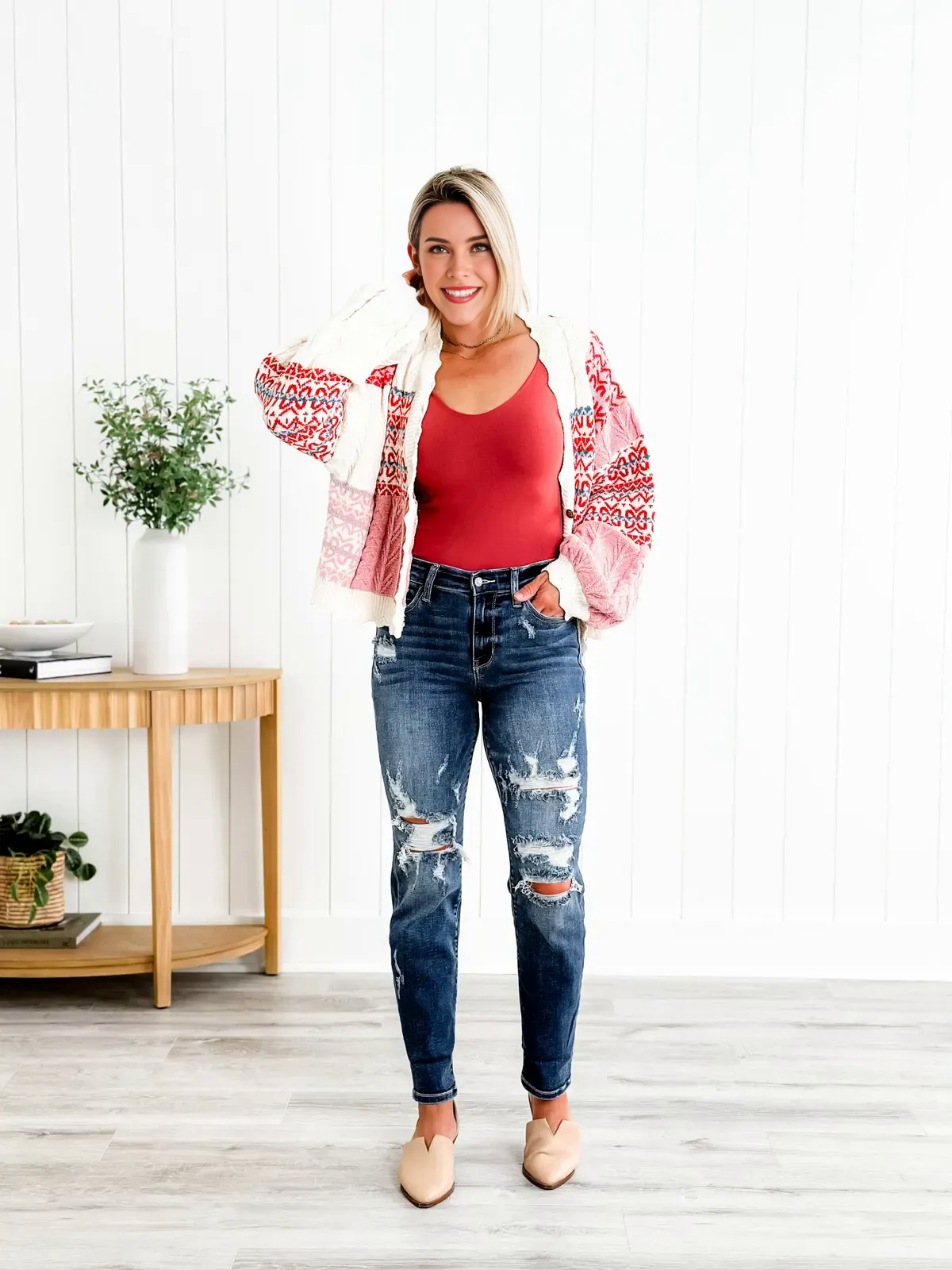 Tummy Control Distressed Cuffed Boyfriend Jeans