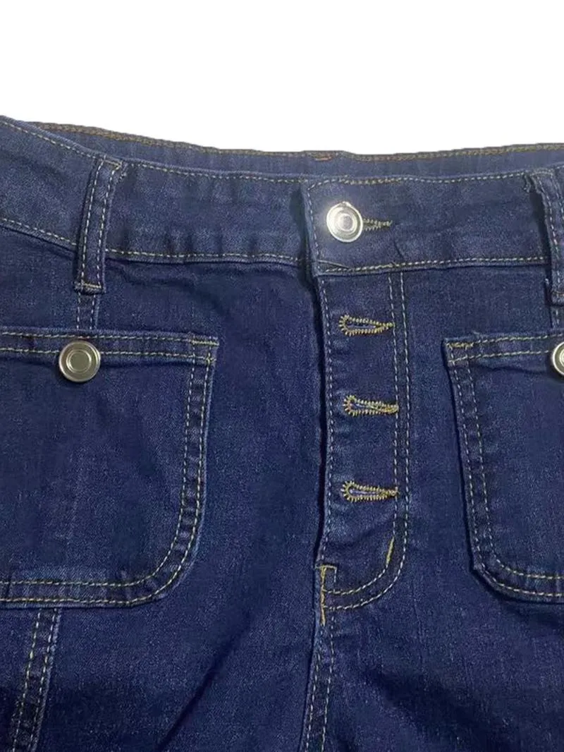 Women's Plain Button Pocket Flare Leg Jeans, Casual Bell Bottom Trousers for Daily Wear