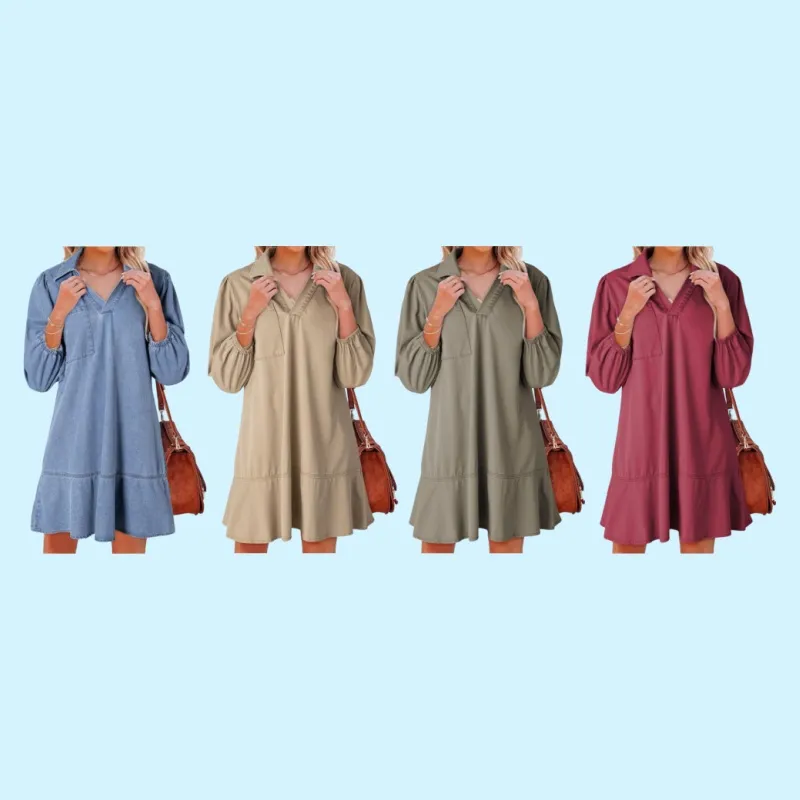 V Neck 3/4 Puff Sleeve Jean Dresses