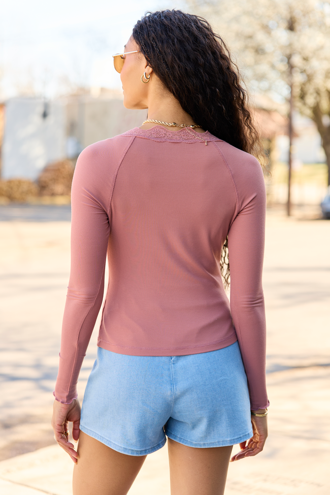Amity Blush Long Sleeve Lace Trim Top
