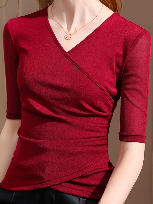 Asymmetric Pleated Solid Color Split-Joint Half Sleeves Plus Size V-Neck T-Shirts Tops