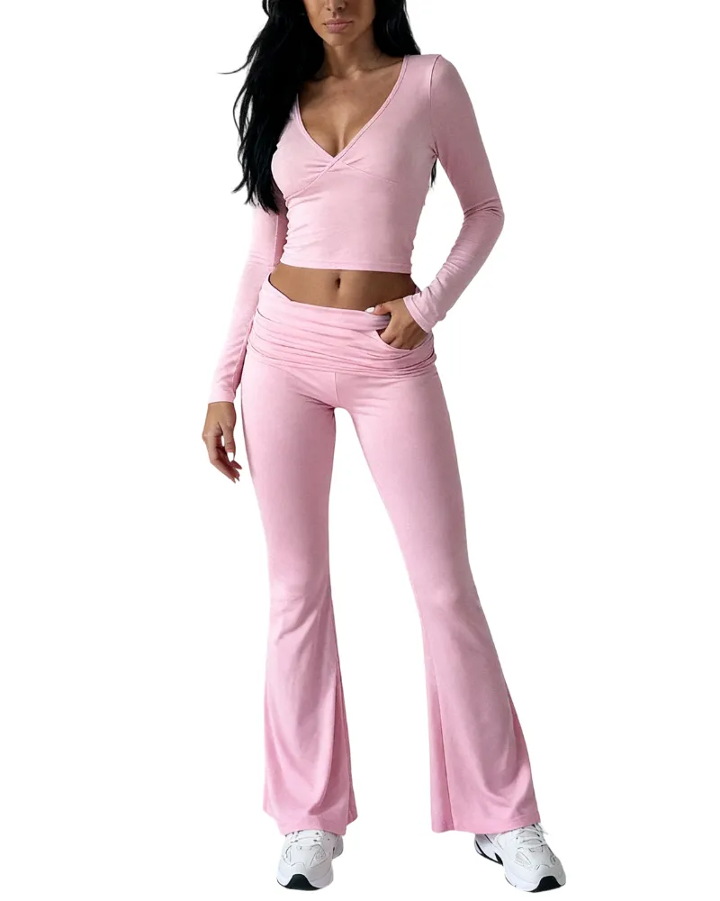 Elegant Casual V-Neck Long Sleeve Basic Two-Piece Outfit Set