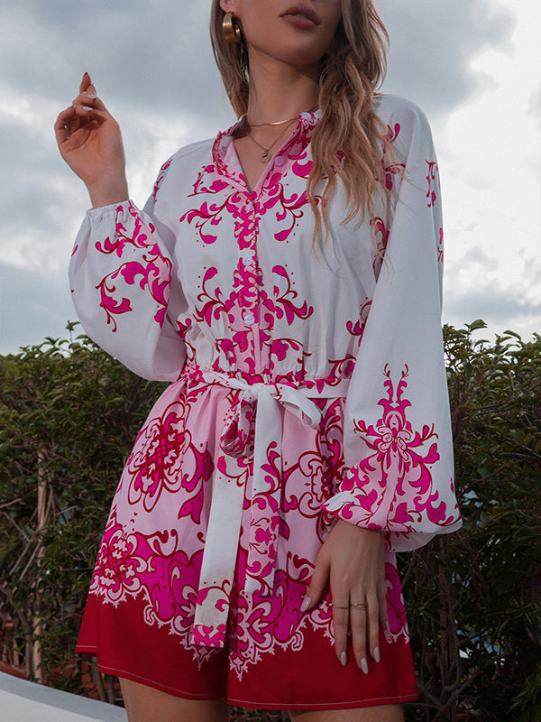 Vacation Puff Sleeves Loose Printed V-Neck Jumpsuit