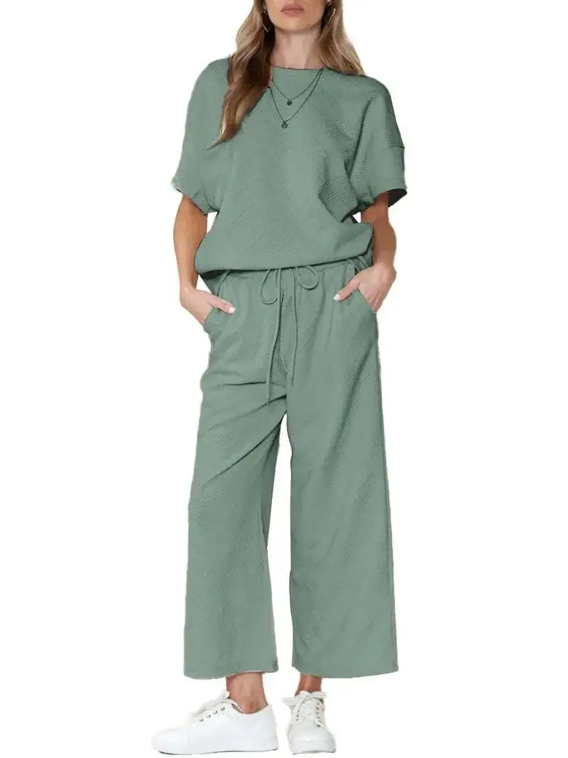 ⏰Women's Textured Loose Fit T Shirt and Drawstring Pants Casual Set