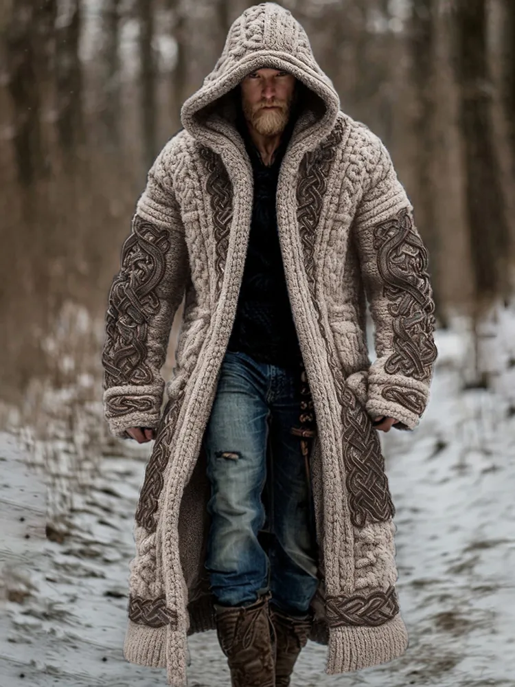 Men's Viking Celtic Knot Art Pocket Mid-length Cardigan Sweater