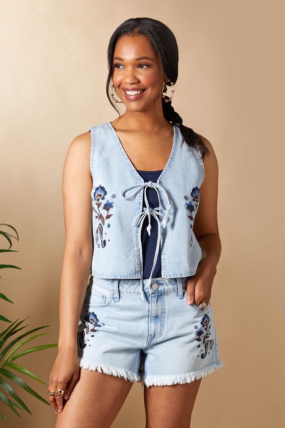Embroidered Tie Denim Vest