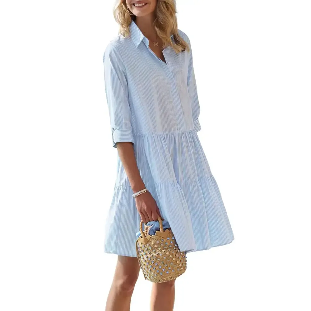 Women's Summer Striped Shirt Dress Half-Button Mini Cake Dress Loose Casual Rolled-Sleeve