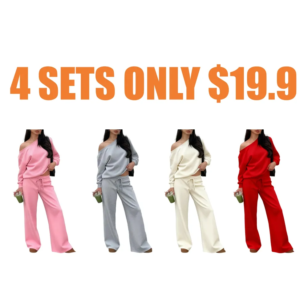 Women Off the Shoulder Long Sleeve Jumper & Pants 2 Piece Set