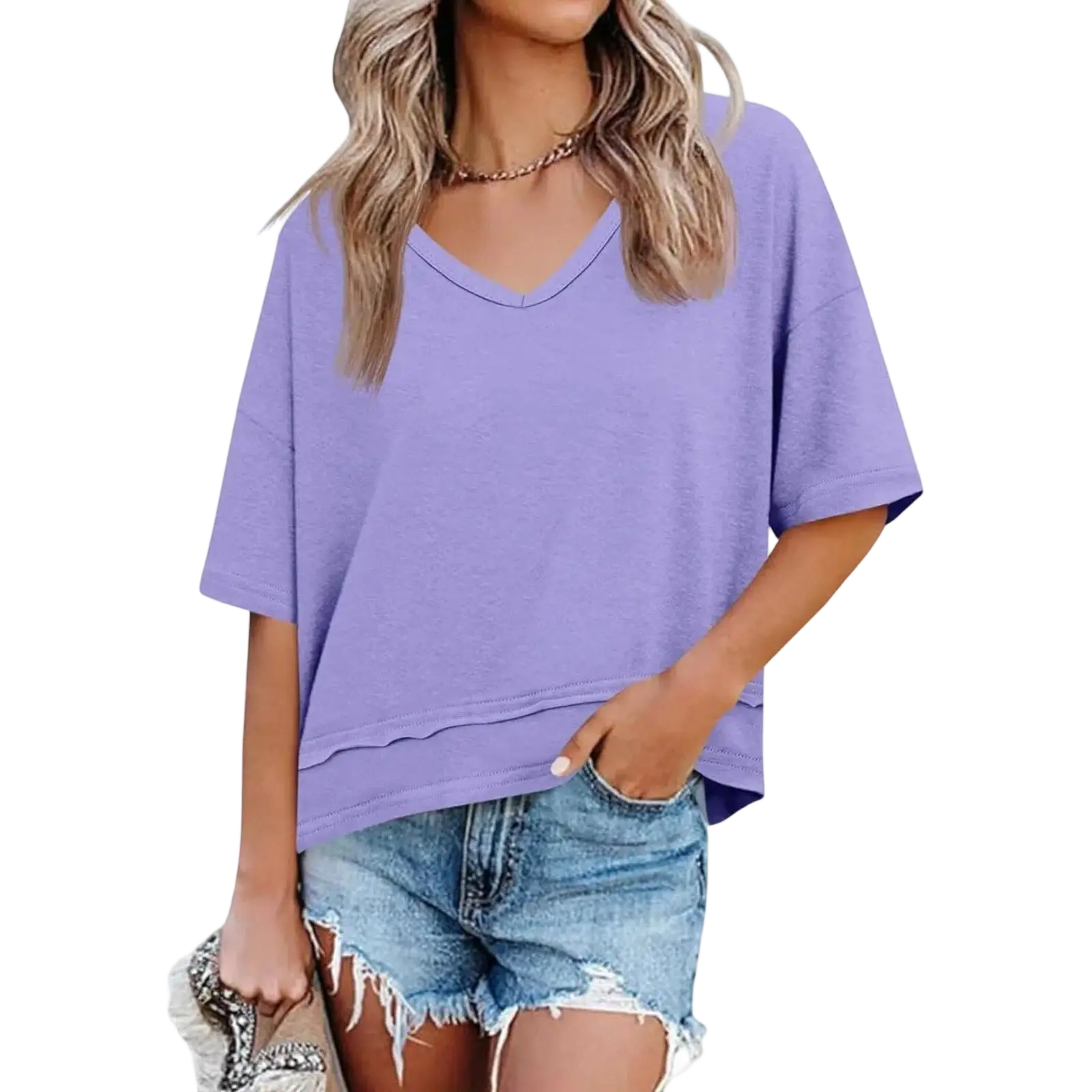 Women's Summer V-Neck T-Shirt — Casual Short-Sleeve Flowy Top | Cute, Loose-Fit Basic Tee