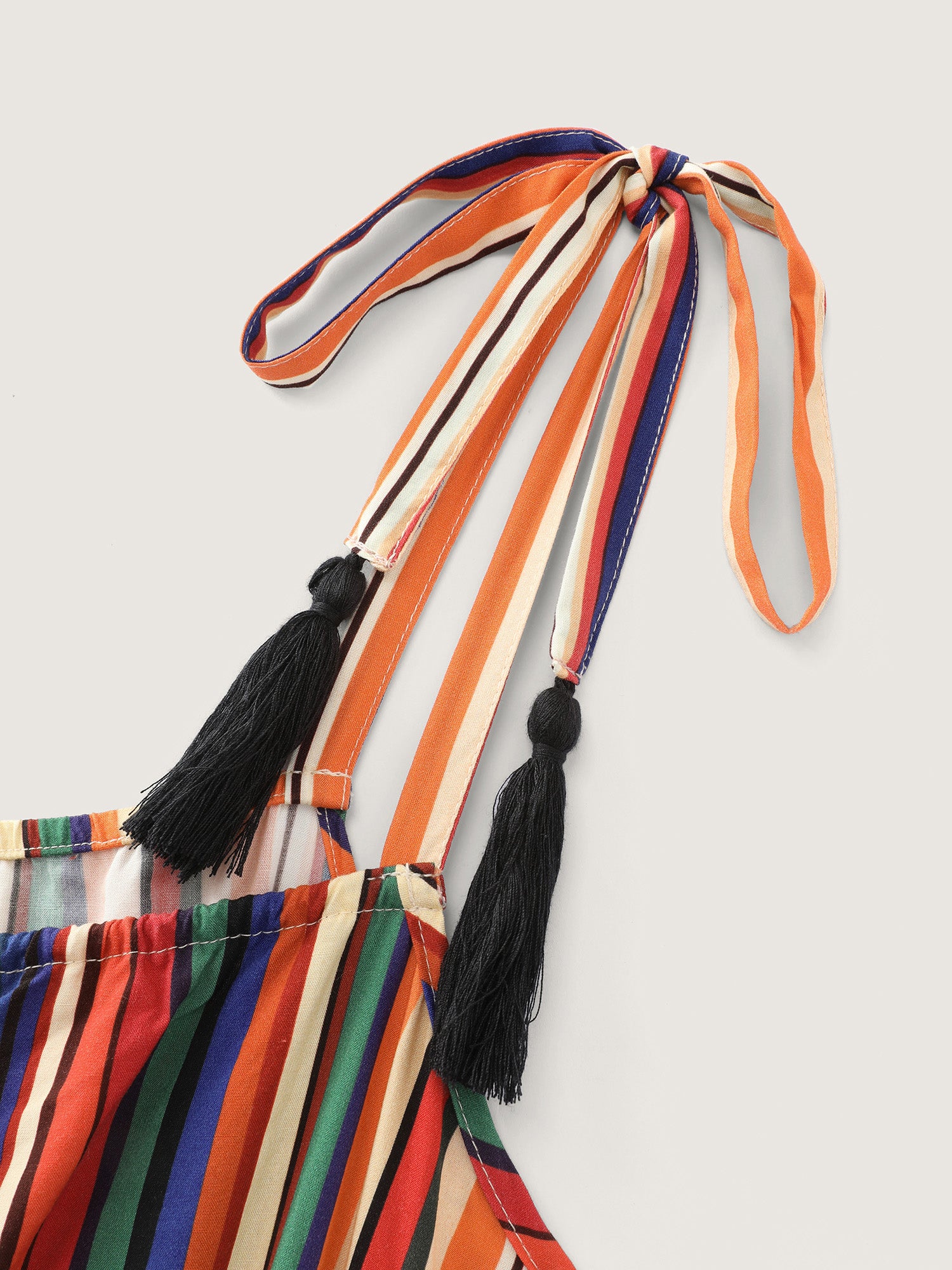 Colorful Stripe Shirred Waist Shoulder Tie Maxi Dress