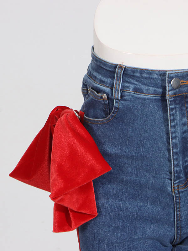 Buttoned Contrast Color Pockets Tied High Waisted Loose Jean Pants Bottoms