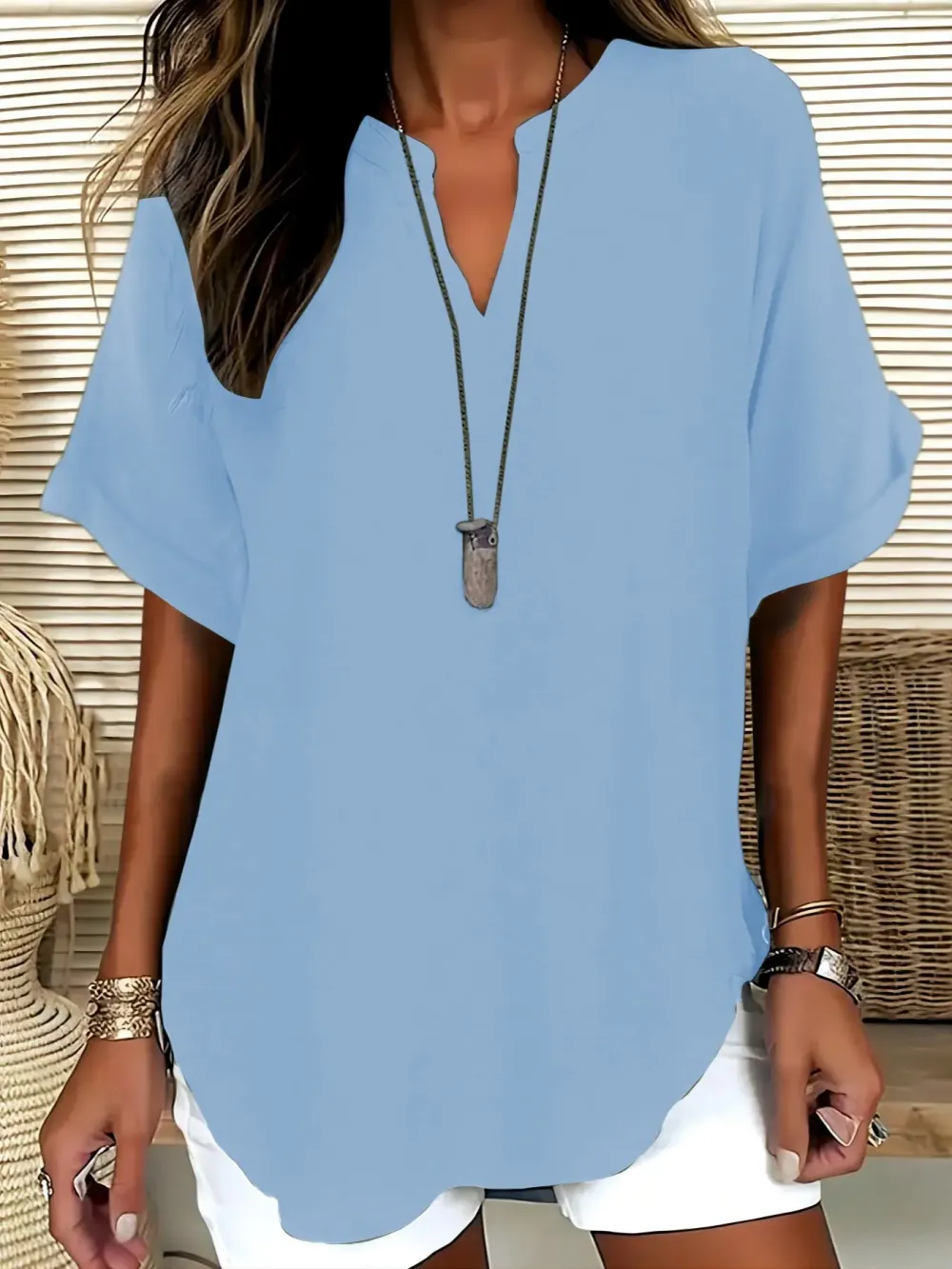 Women's solid color short-sleeved shirt, suitable for everyday wear, all year round