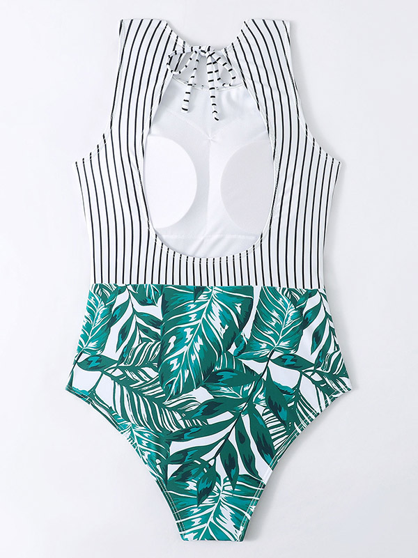 Striped+Floral Printed Split-Joint One-Piece Swimwear