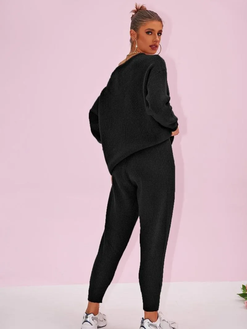 Women's 2025 Fall Winter Knit Set Oversized Sweater & Lounge Pants Matching Sets
