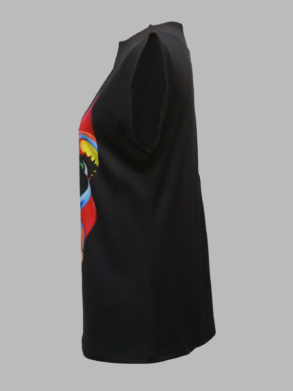 Cap Sleeve Loose Multi-Colored Printed High-Neck T-Shirts Tops