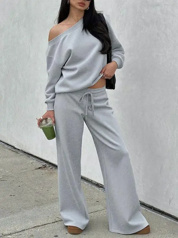 Women Off the Shoulder Long Sleeve Jumper & Pants 2 Piece Set