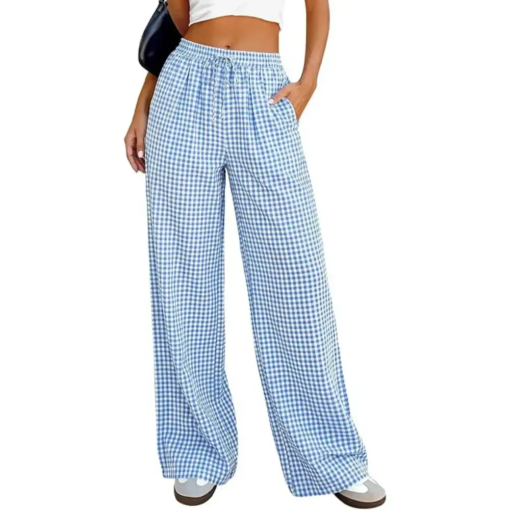 Women's Pants Elastic Waist Striped Lightweight Palazzo Trousers With Pockets Casual Lounge Wide Leg Bottoms