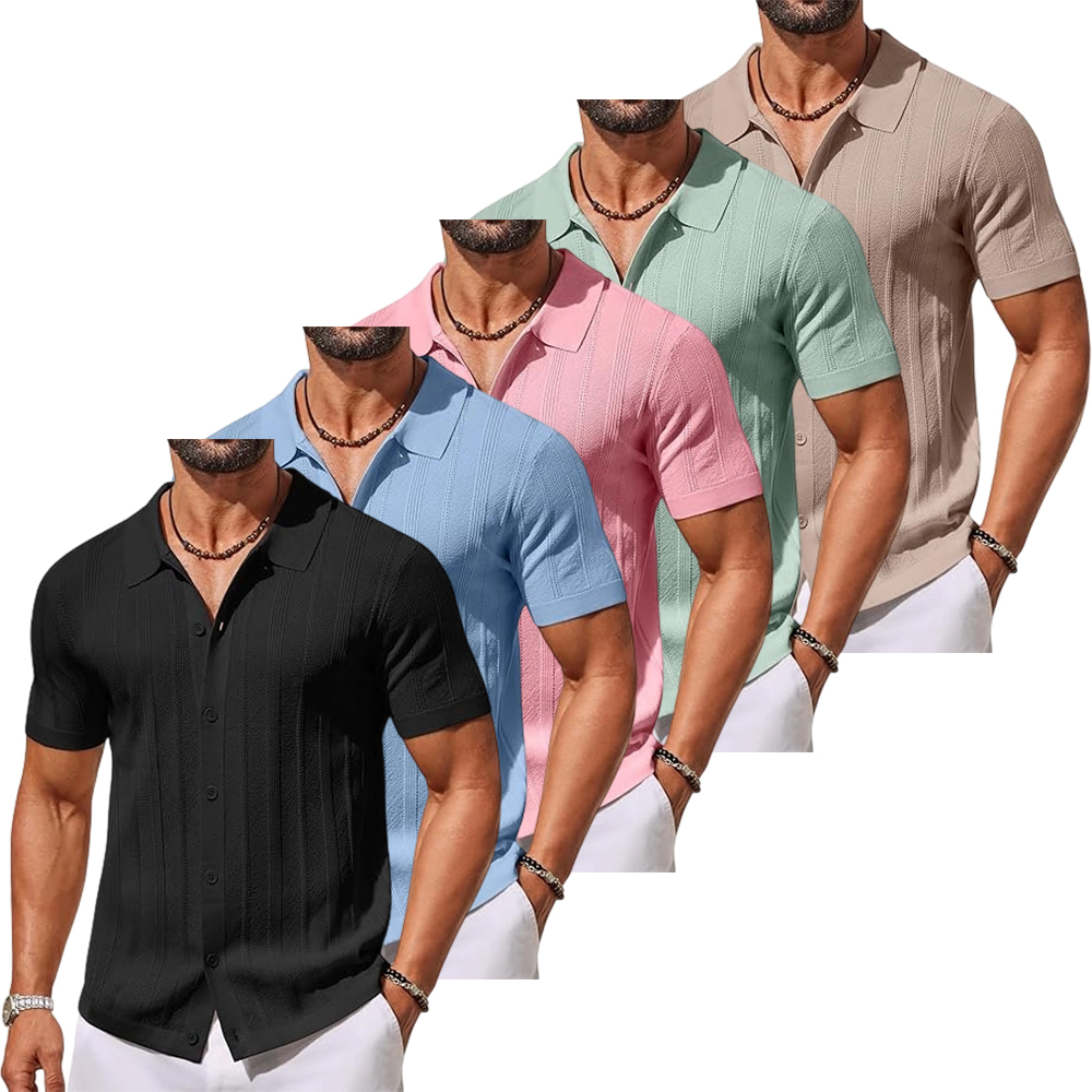 Men's Knit Button Down Shirts Short Sleeve Polo Shirt Casual Vacation Summer Beach Shirts