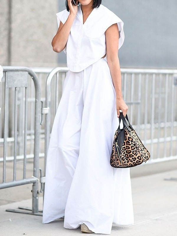 Cap Sleeve Loose Buttoned Solid Color Lapel Blouse Tops&Wide Legs Pants Bottoms Two Pieces Set