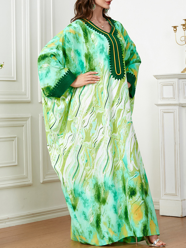 Contrast Color Muslim Printed Split-Joint Batwing Sleeves Loose V-Neck Muslim Abaya Maxi Dresses