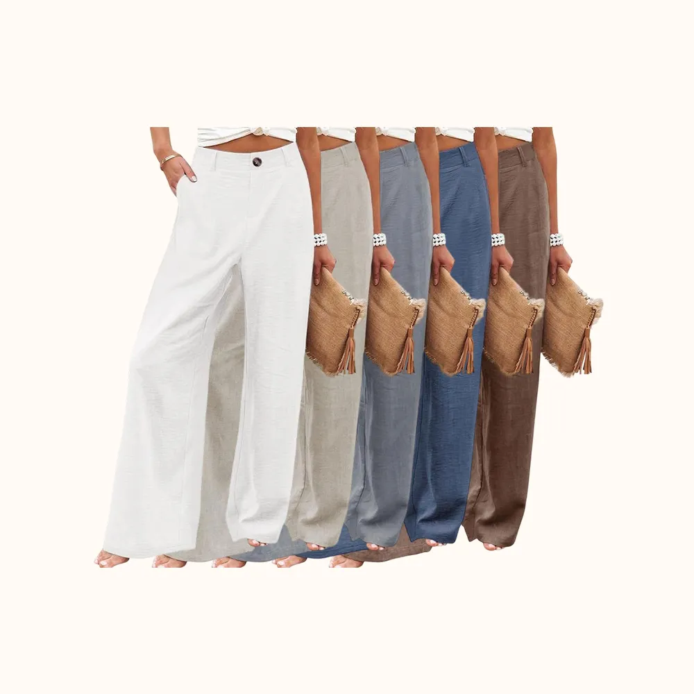 Womens Cotton Linen Pants Casual Button Up High Waisted Wide Leg Trousers Wideleg Loose Womenswear Apricot