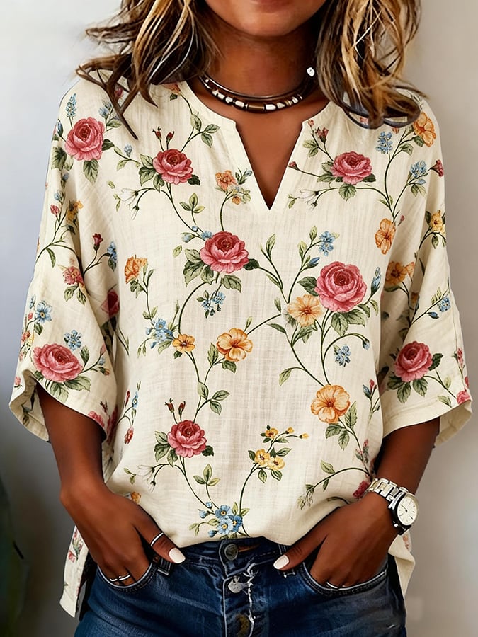 Women's Casual Retro Floral Cotton Linen Top