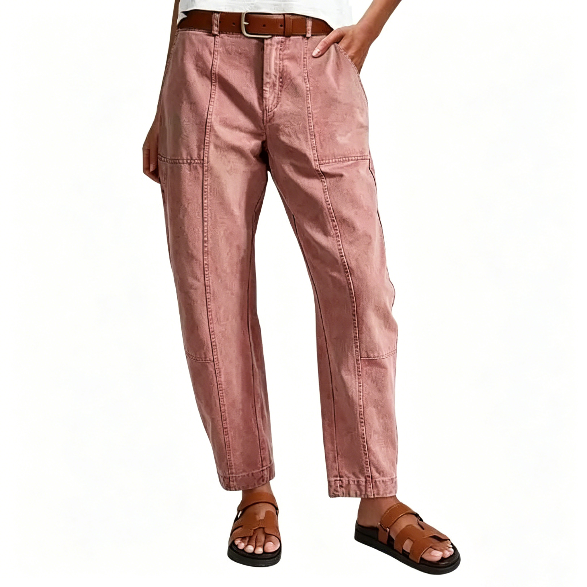 Women's Mid Waist Baby Barrel Fit Pants – Deep Pockets, High Stretch Casual Crop