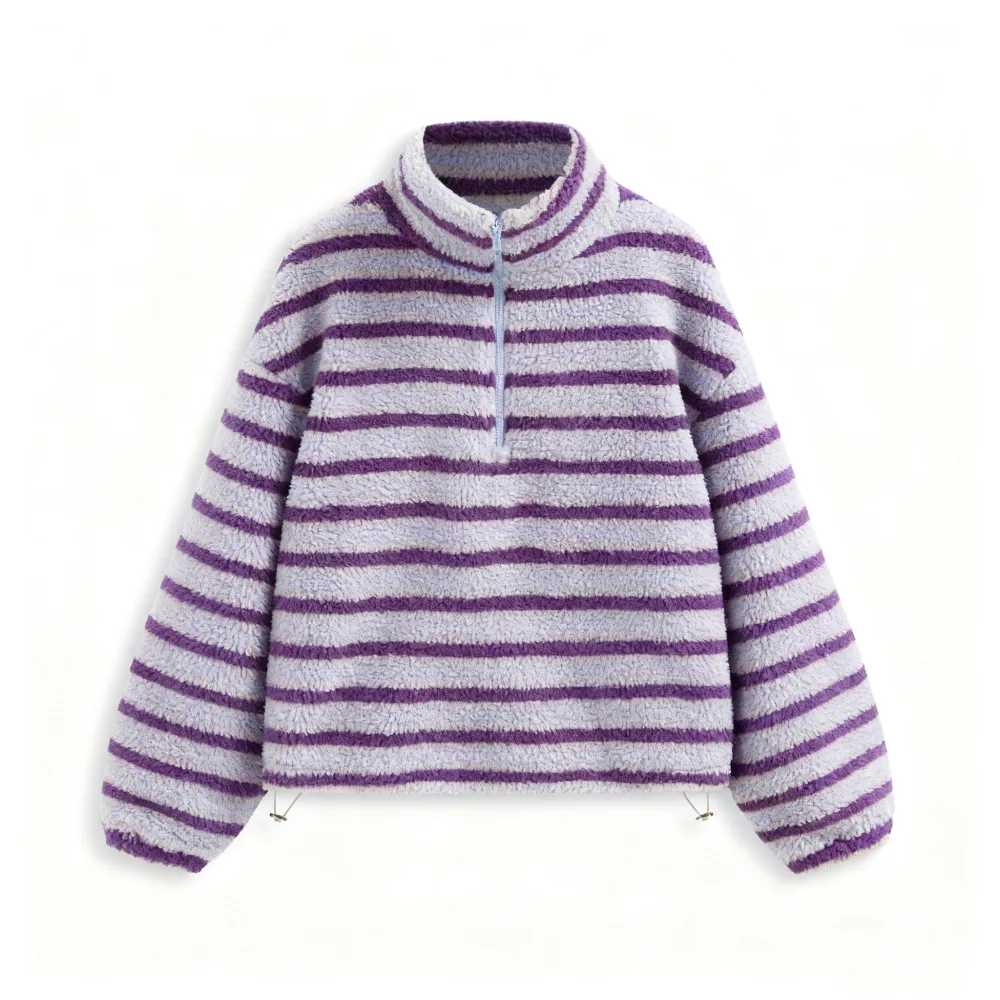 Fleece Stripe Stand Collar Drawstring Half Zip Oversized Sweatshirt