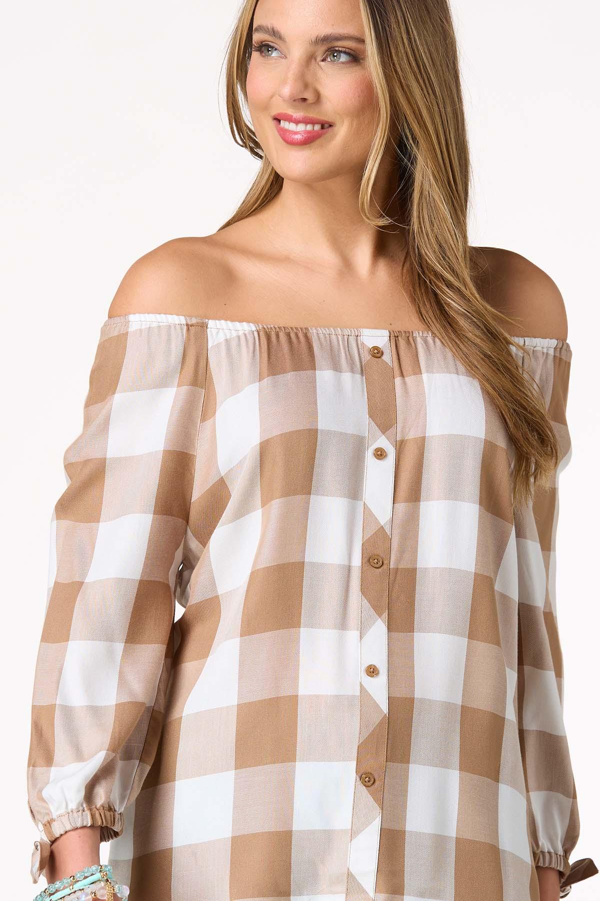 Off Shoulder Buffalo Plaid Poet Top