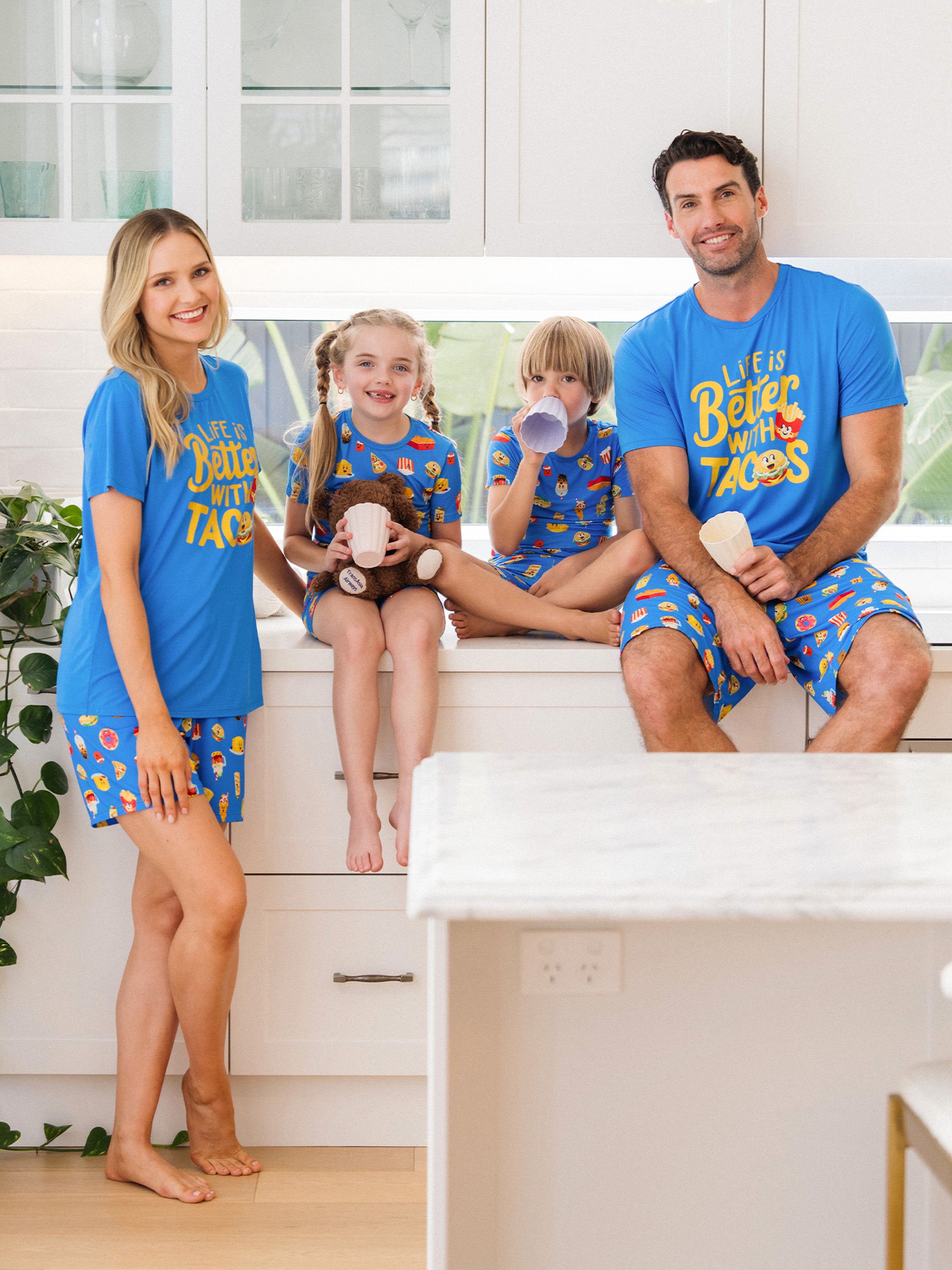 Family Matching Bamboo Pajamas Buttery Soft Bamboo PJs for Men Women Kids Toddler, Cute Burger & Fries Print Short Sleeve Sleepwear (Snug-Fitting for Children) Royal Blue